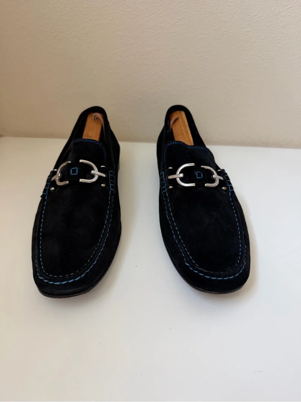 Men's Donald Pliner Black Suede Bit Loafers with Blue Stitching